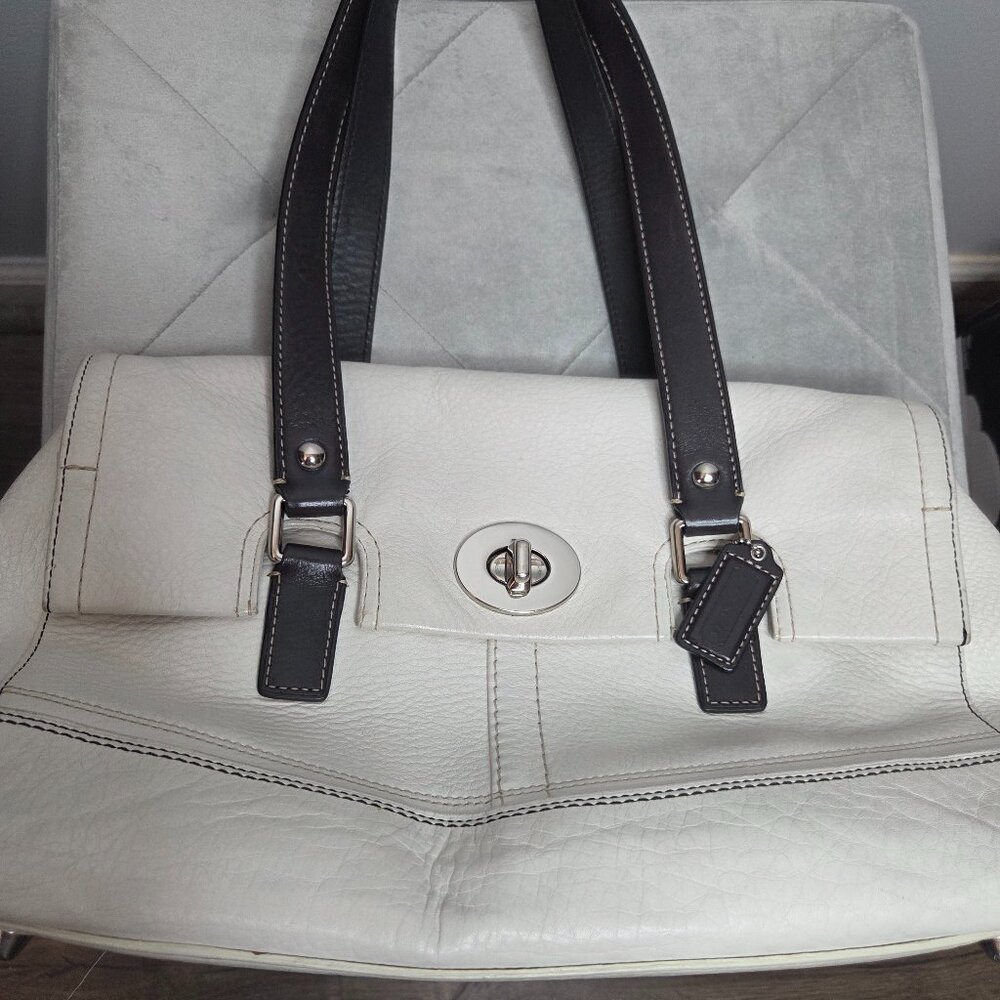 Coach Hamilton Pebbled White & Black Straps‎ Leather Satchel F13091